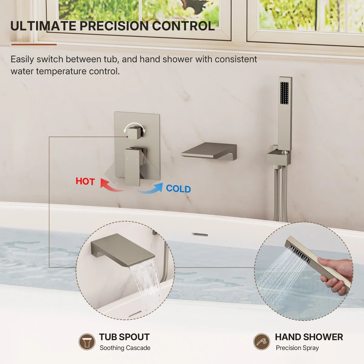 Wall Mount Waterfall Tub Faucet with Pressure Balance Valve and Hand Shower LP-220389-YG - Brushed Nickel