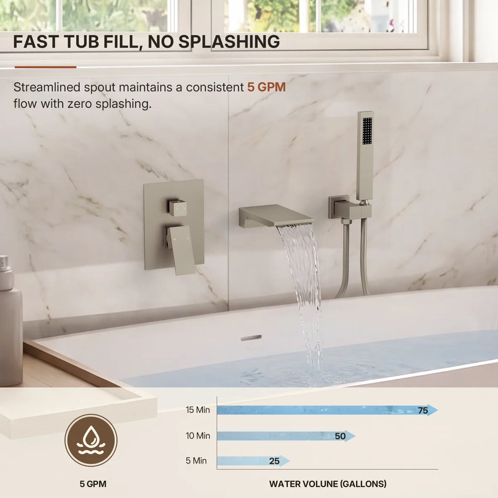 Wall Mount Waterfall Tub Faucet with Pressure Balance Valve and Hand Shower LP-220389-YG - Brushed Nickel