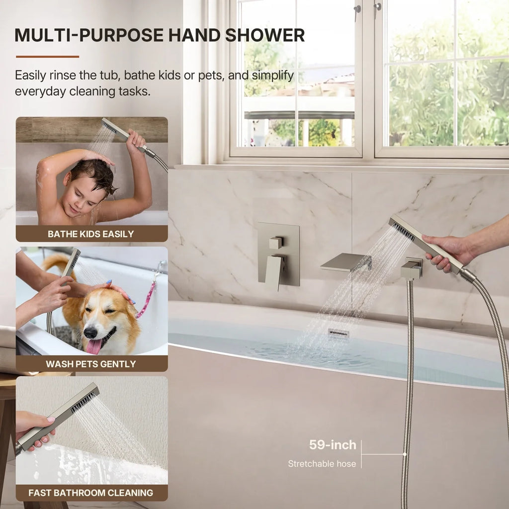 Wall Mount Waterfall Tub Faucet with Pressure Balance Valve and Hand Shower LP-220389-YG - Brushed Nickel