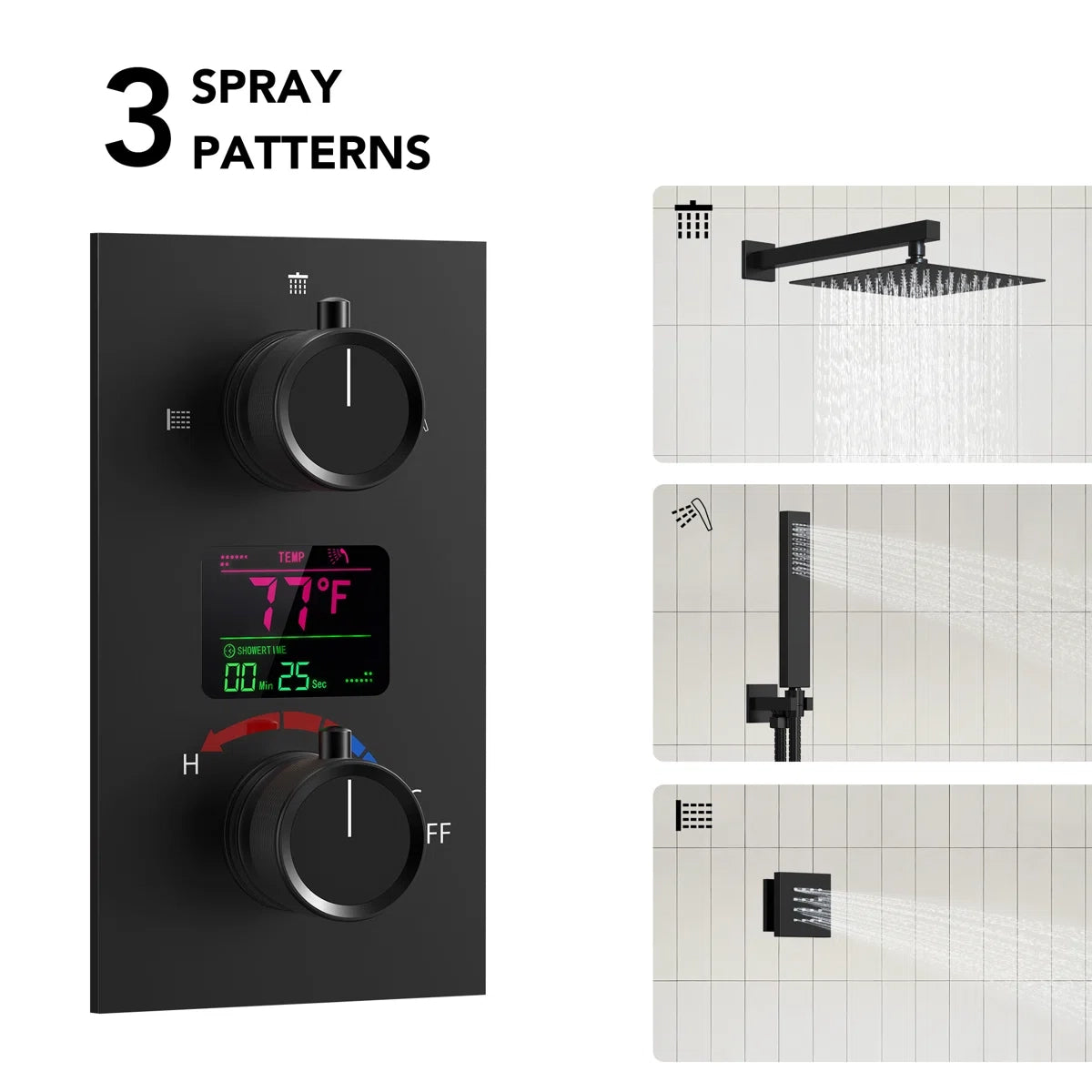 Wall Mounted Digital Shower System , 12" High Pressure Rainfall Shower Head with Handheld Shower 2LP06612-LY - Matte Black
