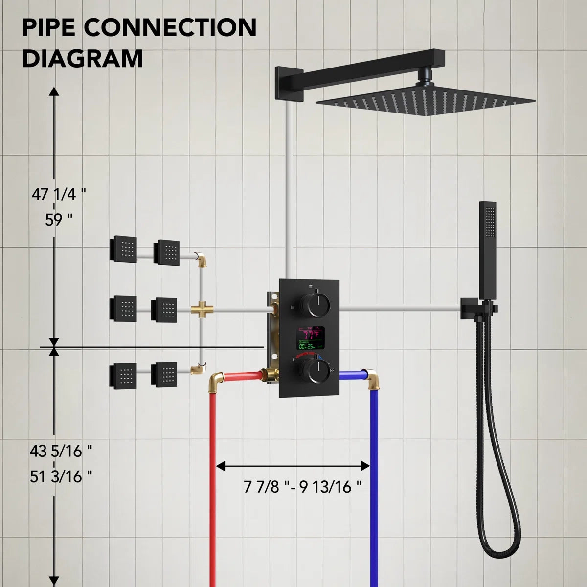 Wall Mounted Digital Shower System , 12" High Pressure Rainfall Shower Head with Handheld Shower 2LP06612-LY - Matte Black