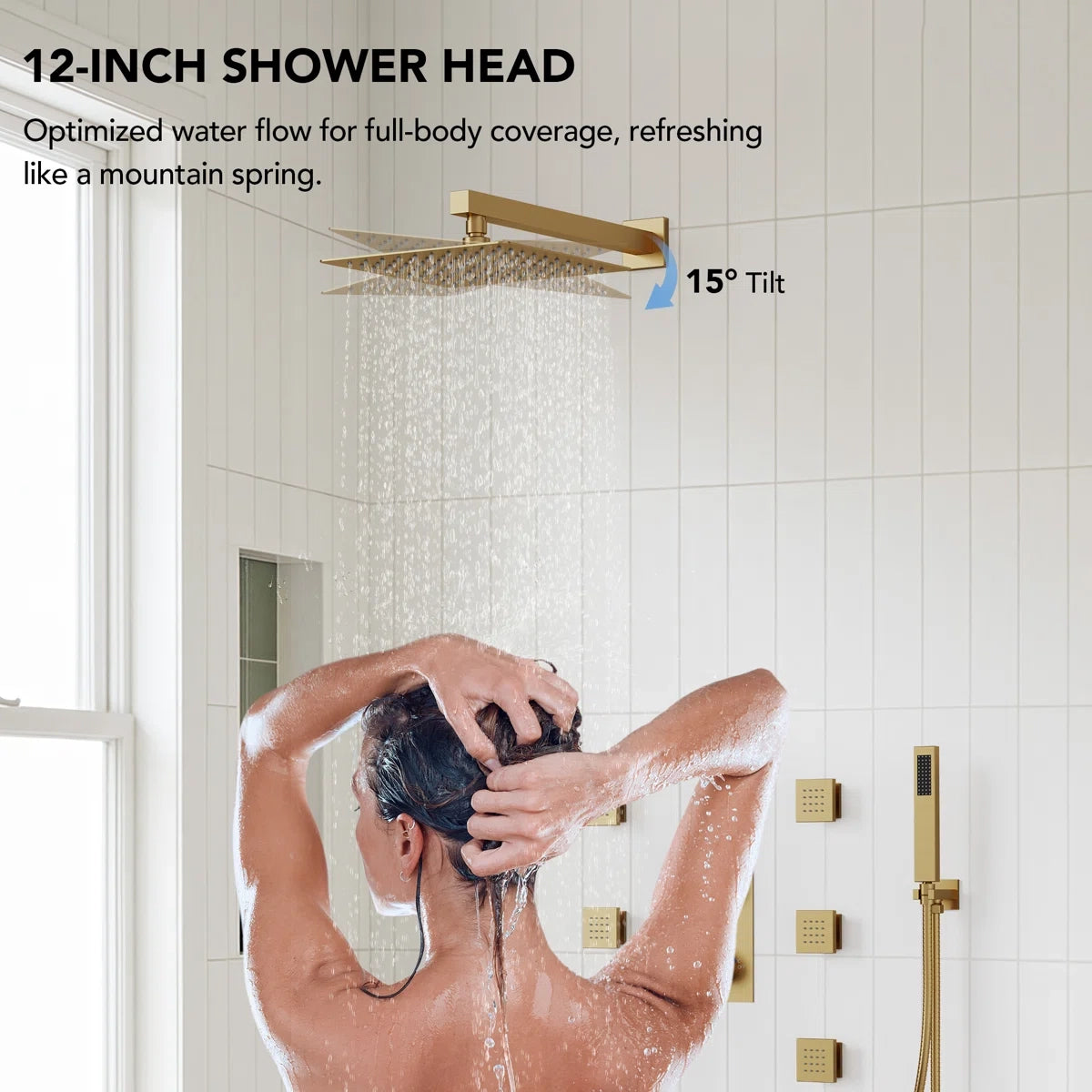 Wall Mounted Digital Shower System , 12" High Pressure Rainfall Shower Head with Handheld Shower LP011230-LY - Brushed Gold
