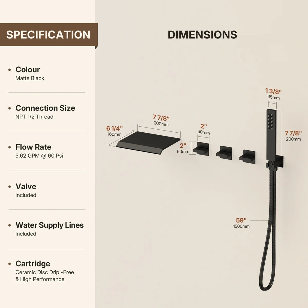 Wall Mounted Waterfall Tub Spout Bathtub Faucet with Diverter & Handheld Shower LP88081-YG - Matte Black