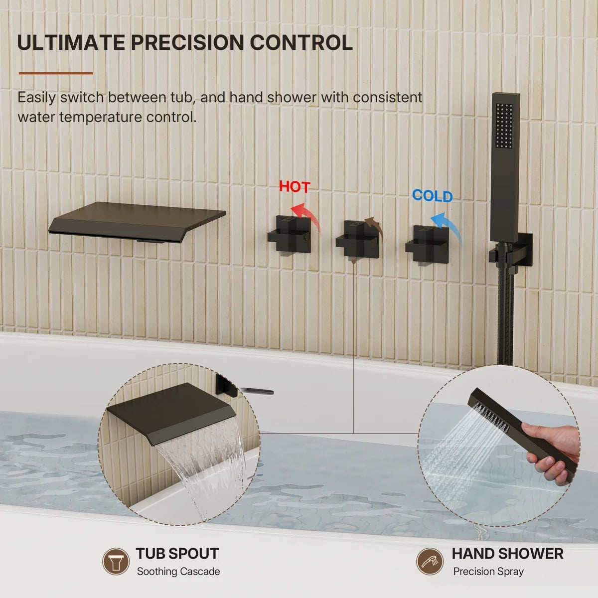 Wall Mounted Waterfall Tub Spout Bathtub Faucet with Diverter & Handheld Shower LP88081-YG - Matte Black
