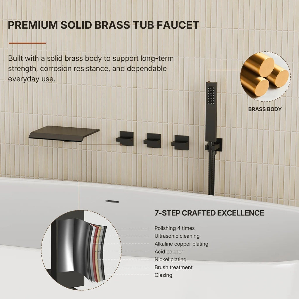 Wall Mounted Waterfall Tub Spout Bathtub Faucet with Diverter & Handheld Shower LP88081-YG - Matte Black