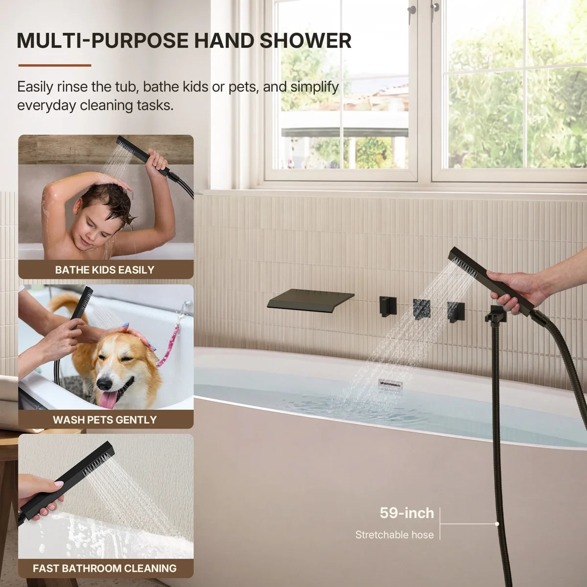 Wall Mounted Waterfall Tub Spout Bathtub Faucet with Diverter & Handheld Shower LP88081-YG - Matte Black