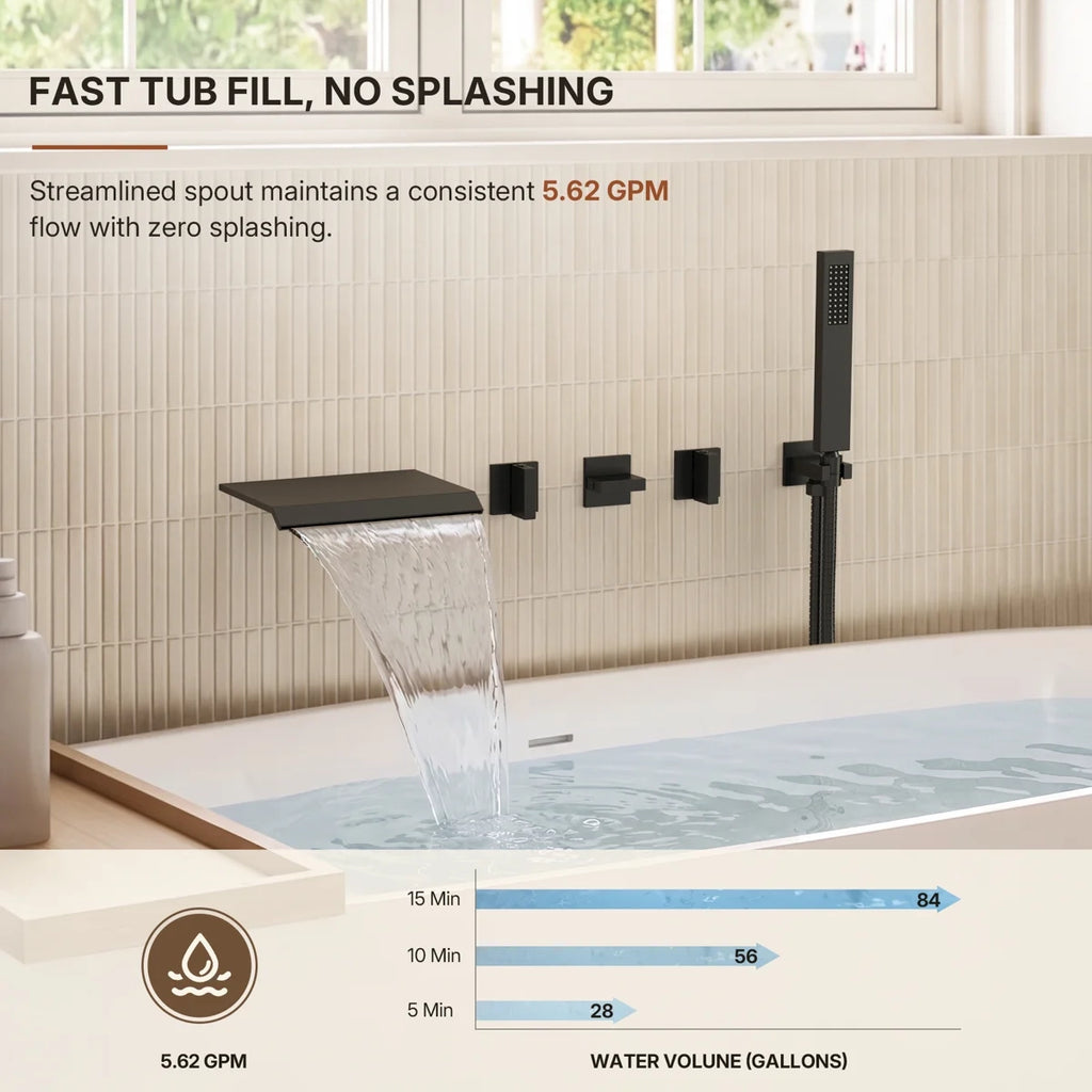 Wall Mounted Waterfall Tub Spout Bathtub Faucet with Diverter & Handheld Shower LP88081-YG - Matte Black