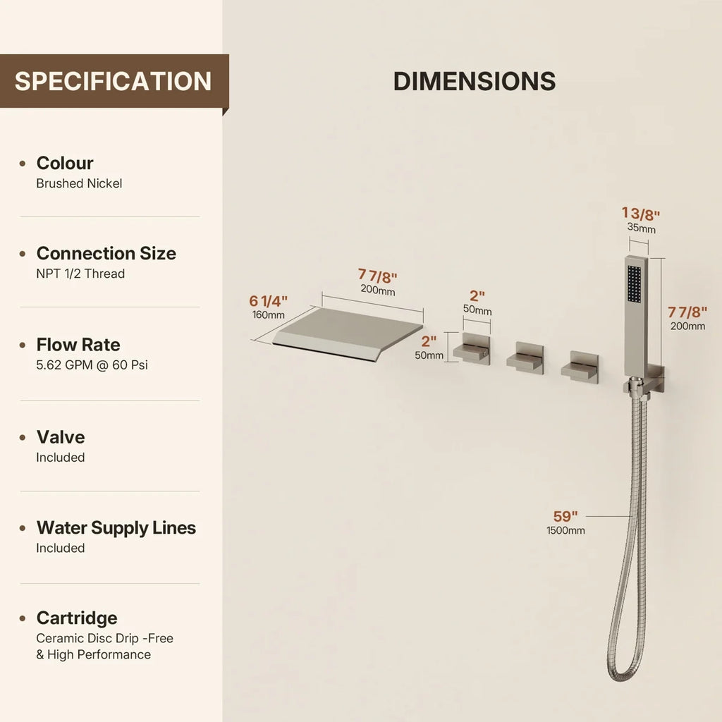 Wall Mounted Waterfall Tub Spout Bathtub Faucet with Diverter & Handheld Shower LP889108-YG - Brushed Nickel