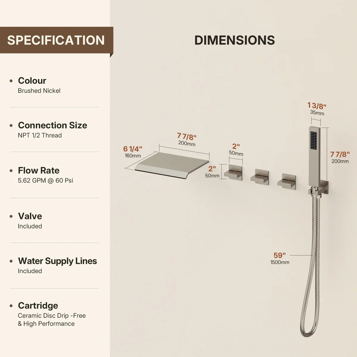 Wall Mounted Waterfall Tub Spout Bathtub Faucet with Diverter & Handheld Shower LP889108-YG - Brushed Nickel