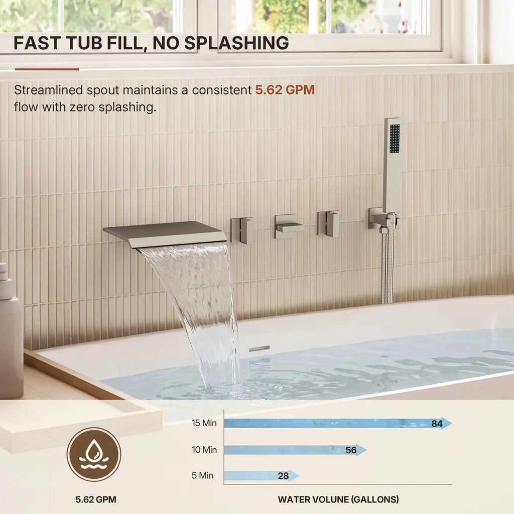 Wall Mounted Waterfall Tub Spout Bathtub Faucet with Diverter & Handheld Shower LP889108-YG - Brushed Nickel