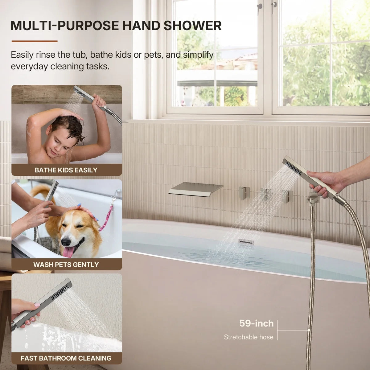 Wall Mounted Waterfall Tub Spout Bathtub Faucet with Diverter & Handheld Shower LP889108-YG - Brushed Nickel