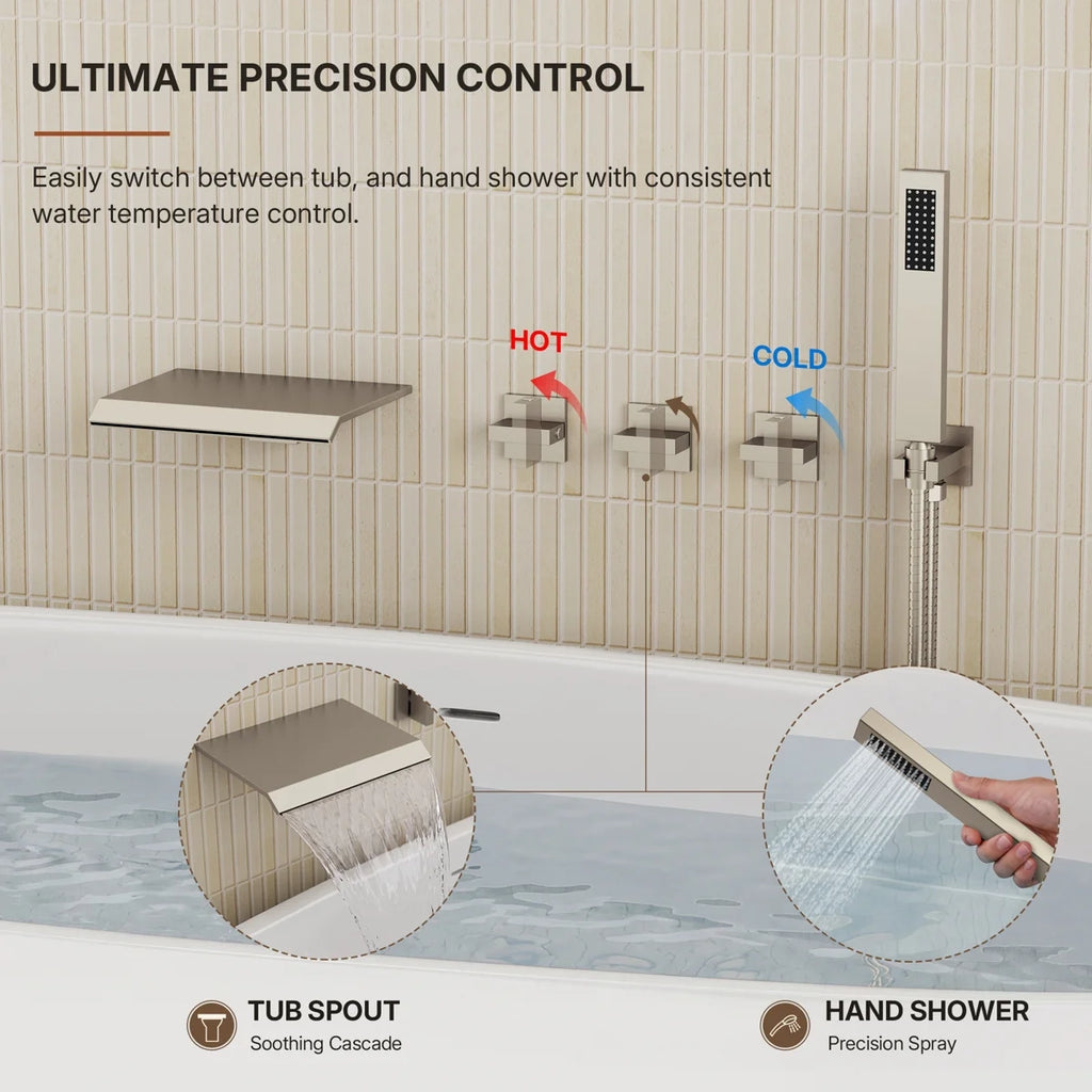 Wall Mounted Waterfall Tub Spout Bathtub Faucet with Diverter & Handheld Shower LP889108-YG - Brushed Nickel