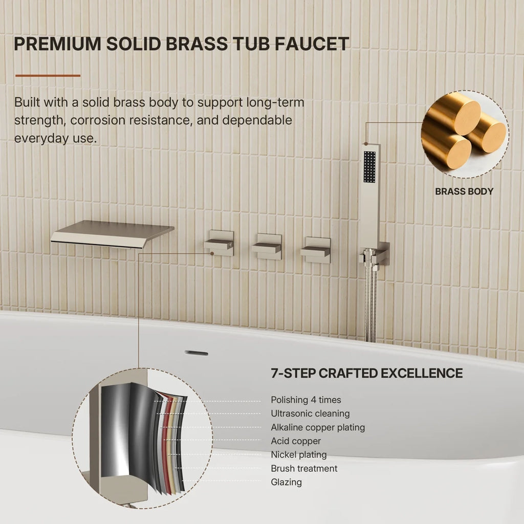 Wall Mounted Waterfall Tub Spout Bathtub Faucet with Diverter & Handheld Shower LP889108-YG - Brushed Nickel