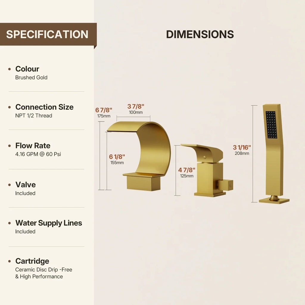 Waterfall Roman Tub Faucet with Hand Shower, 3-Hole Deck Mount LP440325-YG - Brushed Gold
