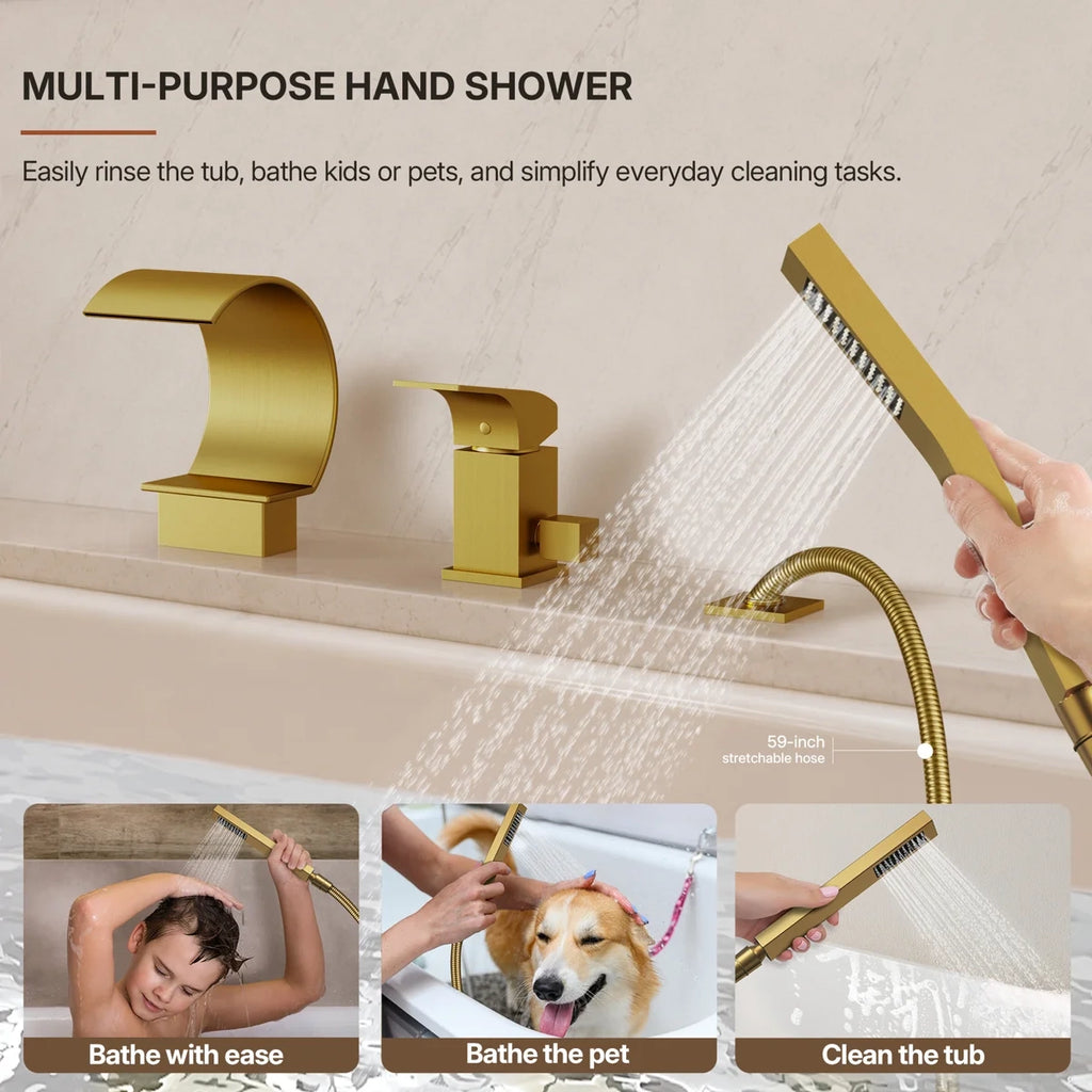 Waterfall Roman Tub Faucet with Hand Shower, 3-Hole Deck Mount LP440325-YG - Brushed Gold