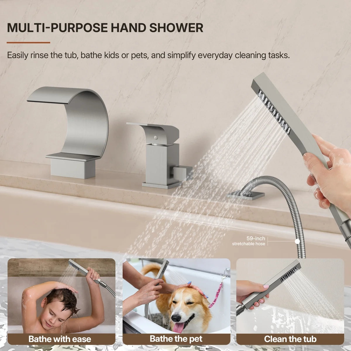Waterfall Roman Tub Faucet with Hand Shower, 3-Hole Deck Mount LP4401102-YG - Brushed Nickel