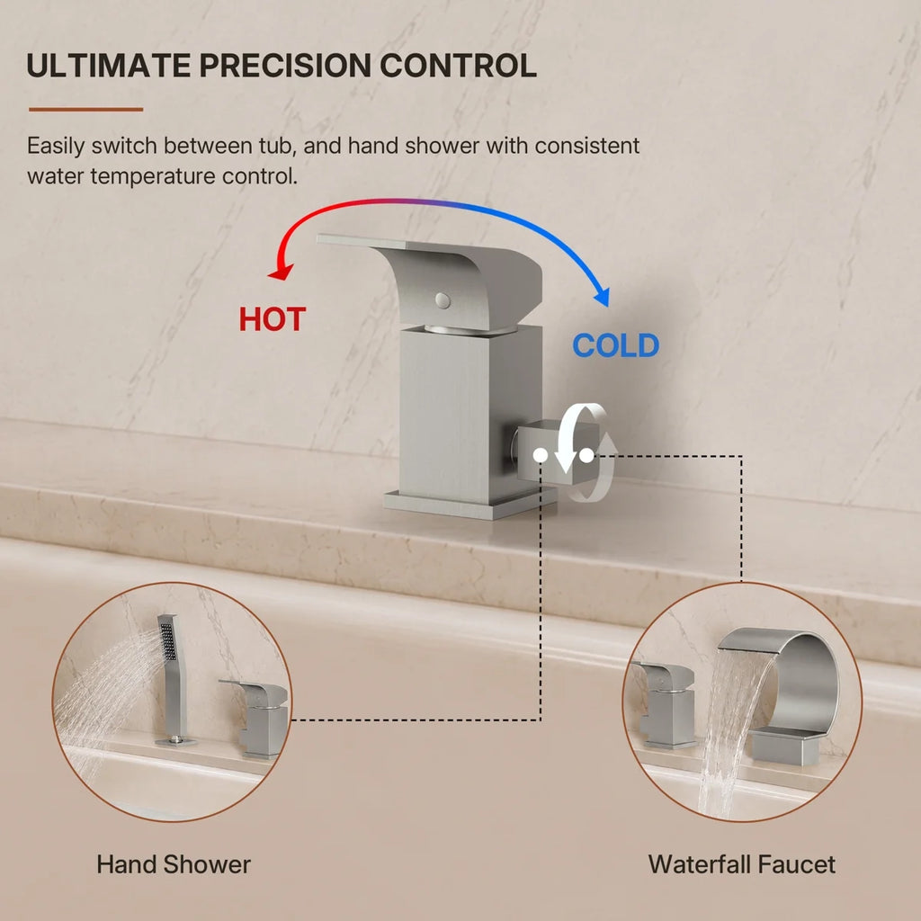 Waterfall Roman Tub Faucet with Hand Shower, 3-Hole Deck Mount LP4401102-YG - Brushed Nickel