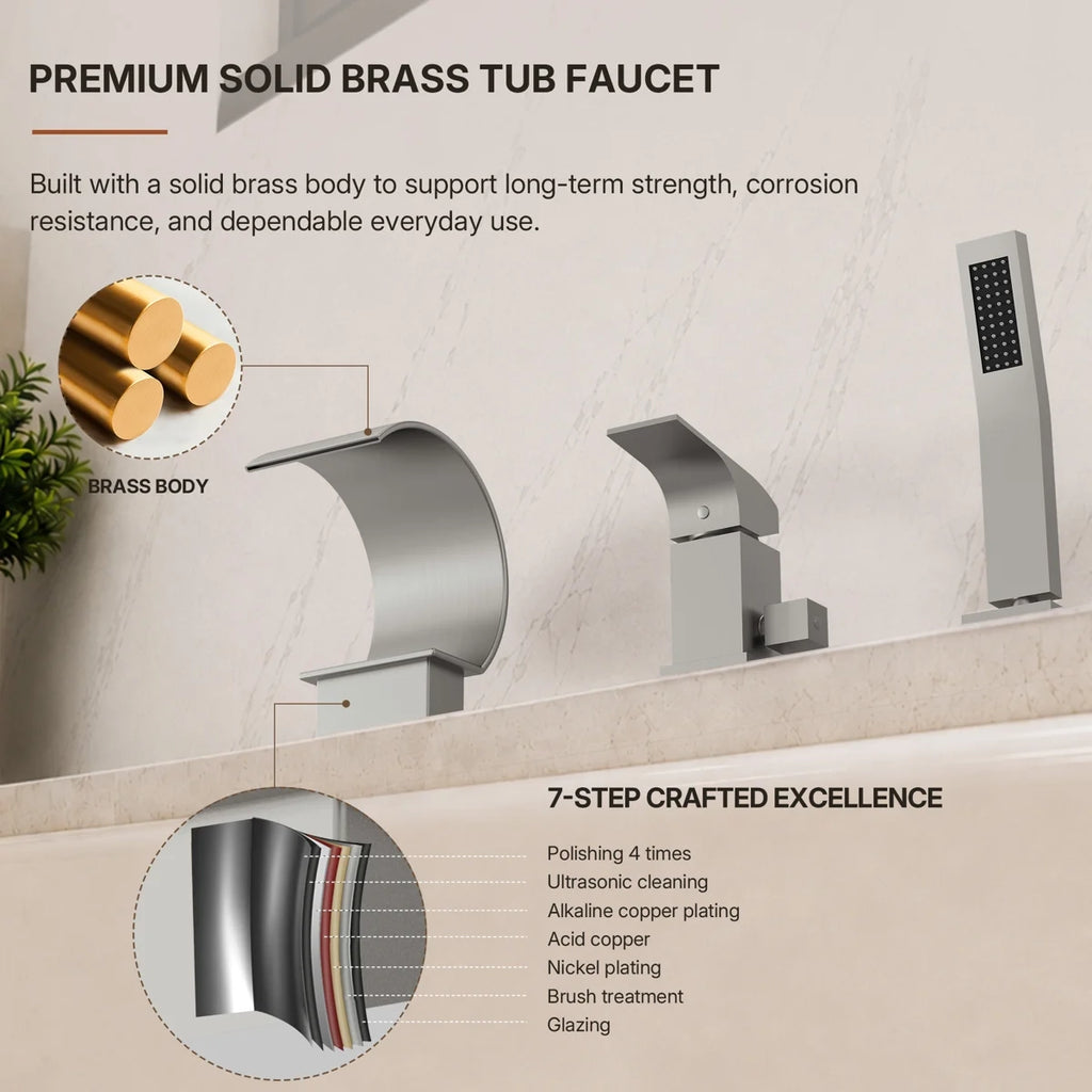 Waterfall Roman Tub Faucet with Hand Shower, 3-Hole Deck Mount LP4401102-YG - Brushed Nickel