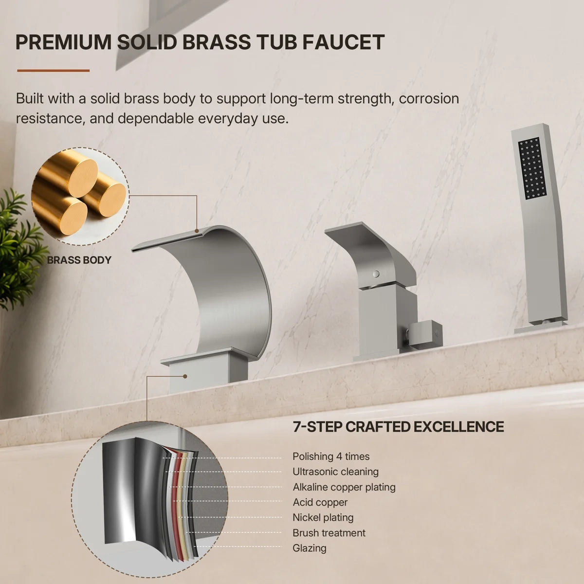 Waterfall Roman Tub Faucet with Hand Shower, 3-Hole Deck Mount LP4401102-YG - Brushed Nickel