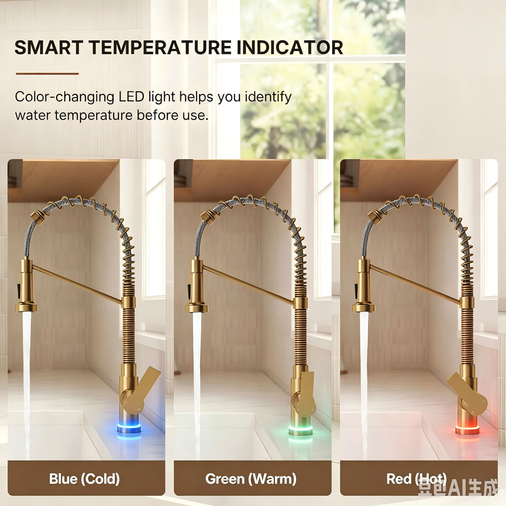 Contemporary Commercial-Style 2-Function Single-Handle Pull-Down Kitchen Faucet with LED Base LP33412098-CF - Brushed Gold
