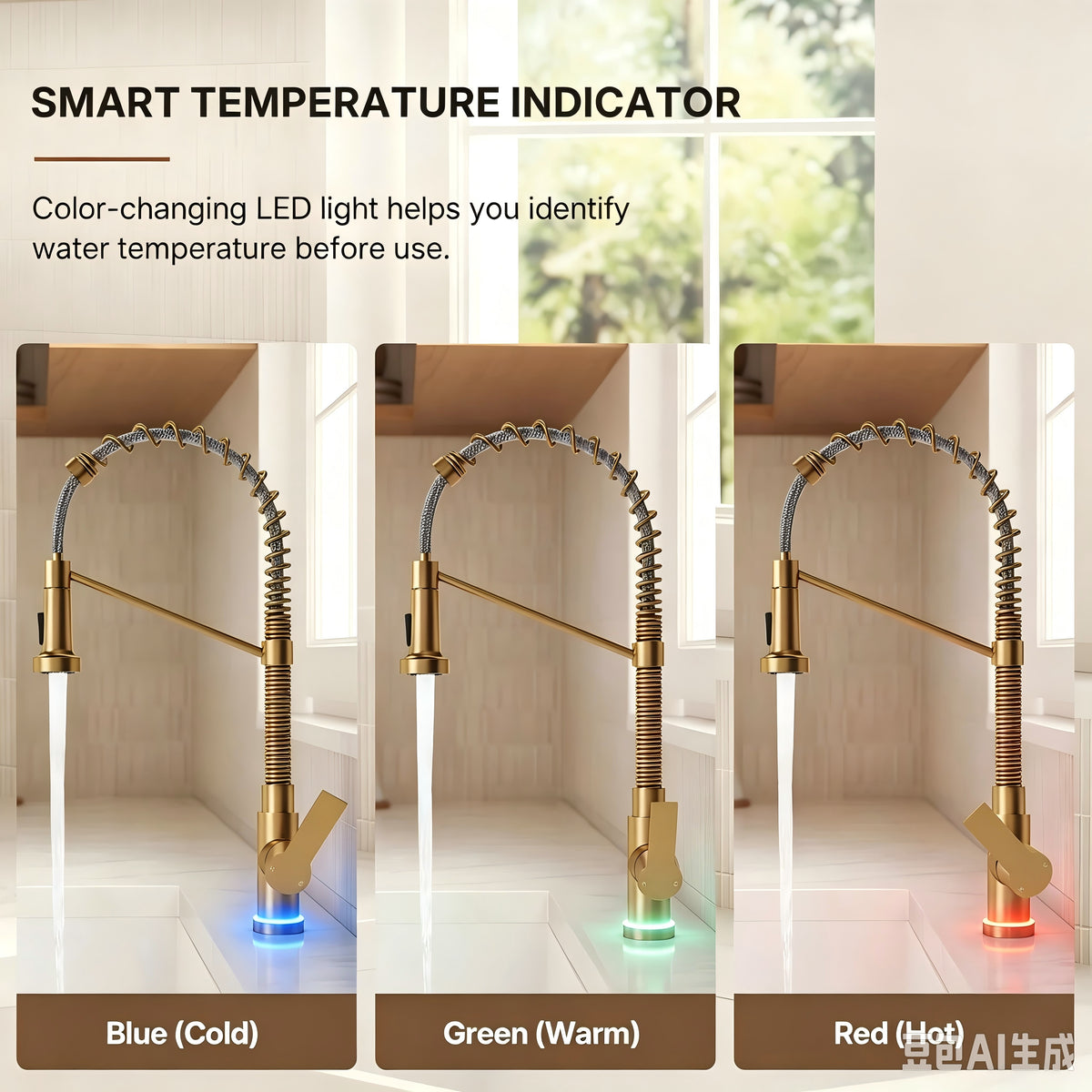 Contemporary Commercial-Style 2-Function Single-Handle Pull-Down Kitchen Faucet with LED Base LP33412098-CF - Brushed Gold